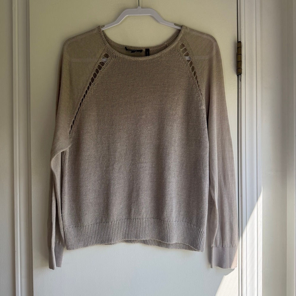 Theory Sag Harbor Linen Blend Pointelle Raglan Sleeve Knit Sweater Taupe Beige M